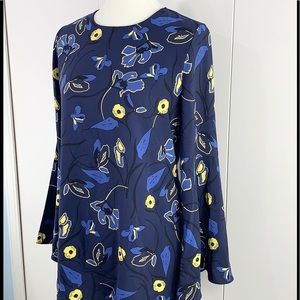 Halogen tunic dress S blue yellow tie back bell sl